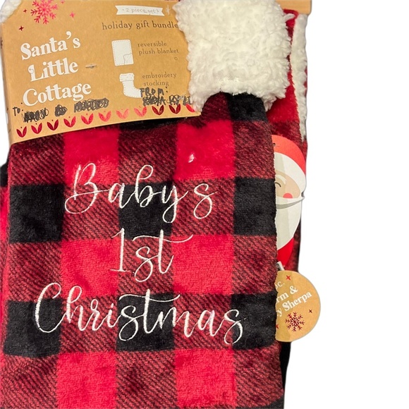 Baby’s 1st Christmas Stocking & Blanket Holiday Gift Set Red Plaid Sherpa Fleece - Picture 4 of 4